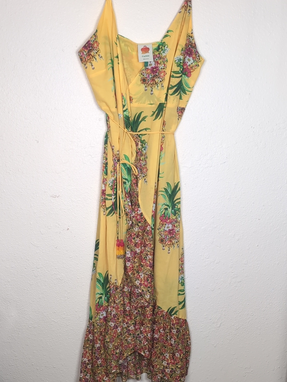 Farm Rio Yellow Floral Wrap Maxi Dress - Tropical Print With Beaded  Ties.